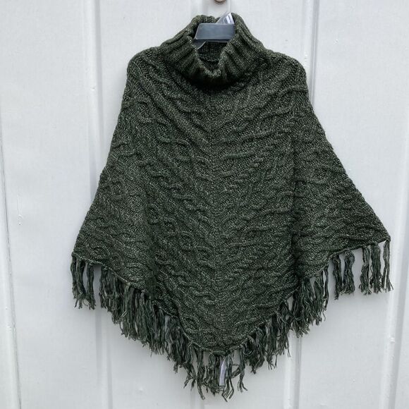 Women's Cowl Neck Fringe Cable Knit Poncho Sweater Coat Jacket - Picture 1 of 6